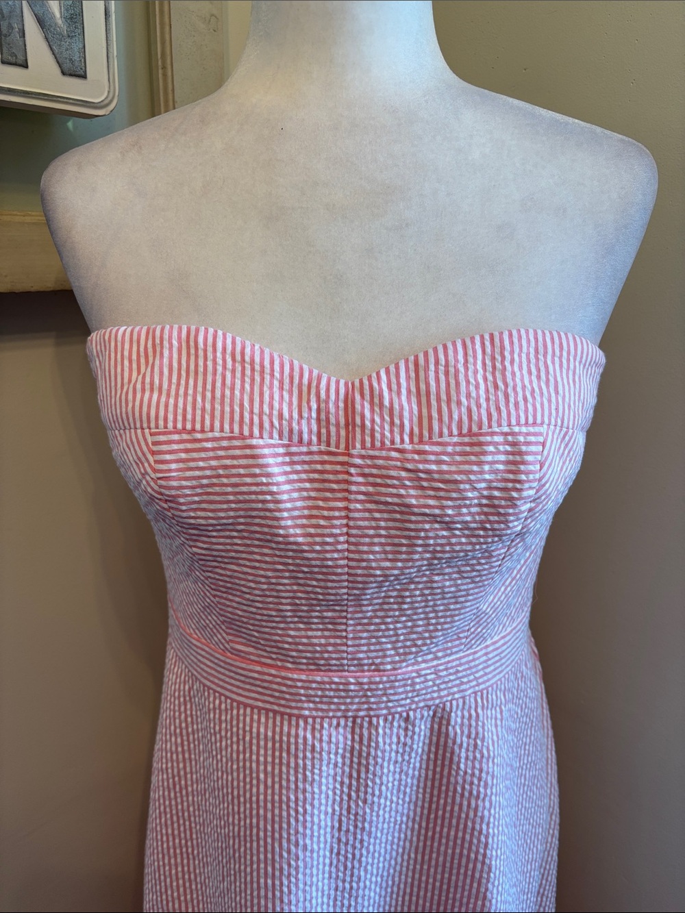 J. Crew Strapless Ruffle Hem Seersucker Midi Dress in Pink White NWT - Picture 5 of 15